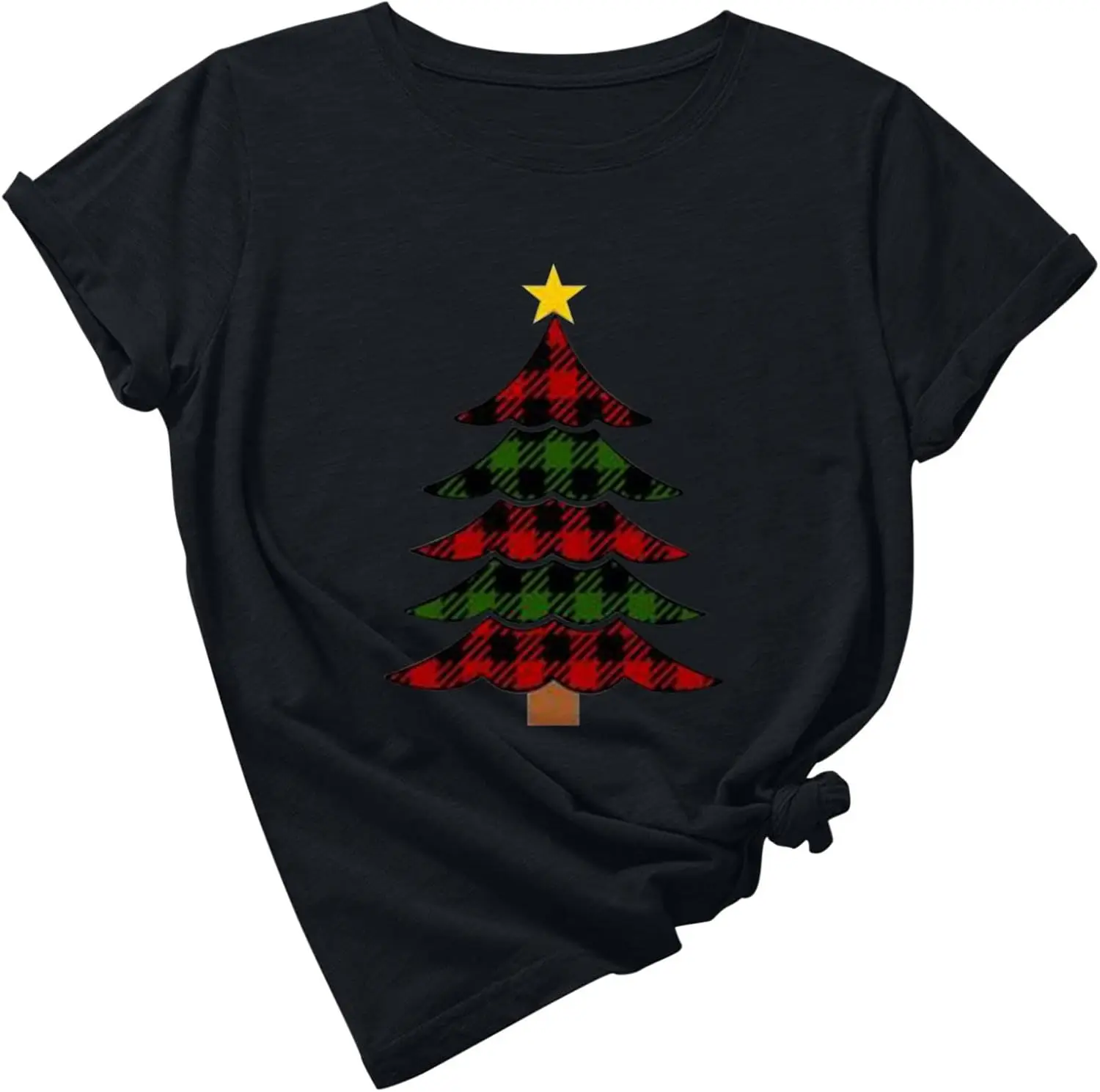 Women's Christmas Shirt Casual Crewneck Short Sleeve T Shirt Xmas Plaid Tree Graphic Tee Shirts Fashion Holiday Tops