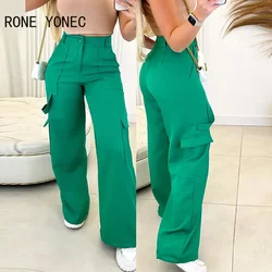 Women Elegant Solid Multi-Pockets High Waist Working Straight Leg Pants