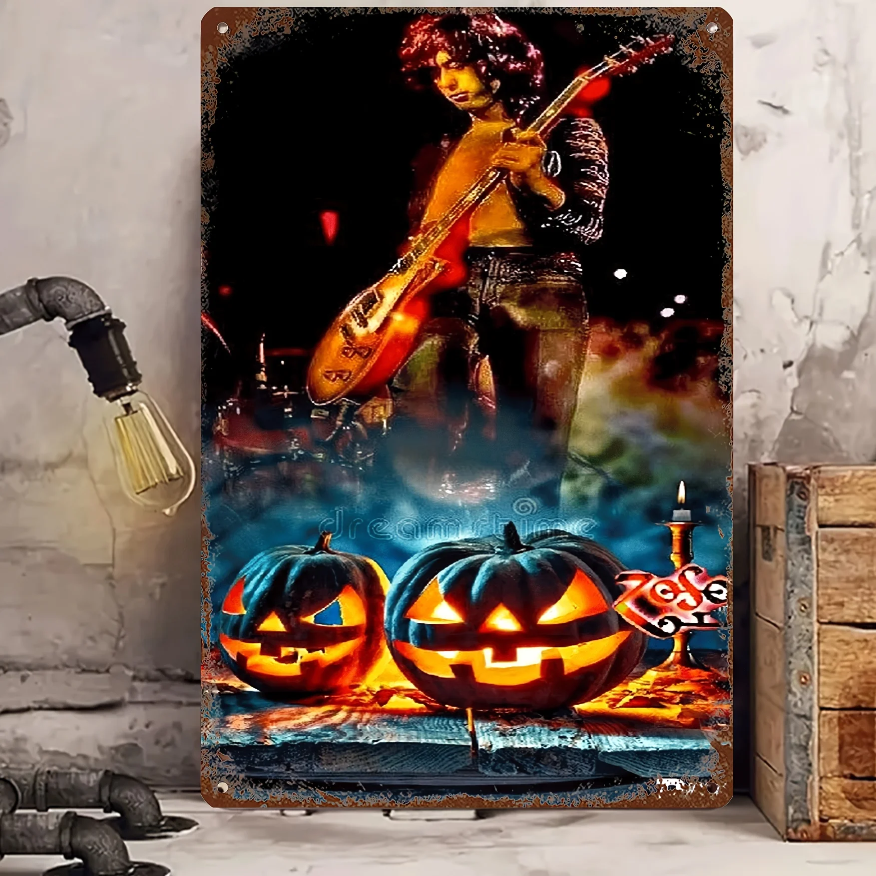Vintage Rock Star Metal Sign  - Classic Home, Bar & Farmhouse Wall Decor with Halloween Theme Featuring Electric Guitar Player,