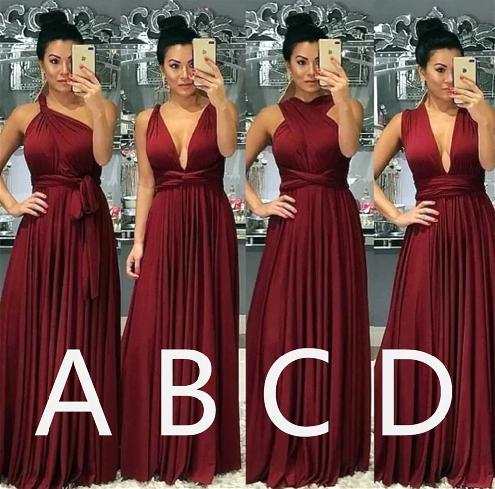 

Simple 2025 Long Infinity Burgundy Bridesmaid Dresses 4 Styles Sexy Party Gown Dress for Wedding Customized