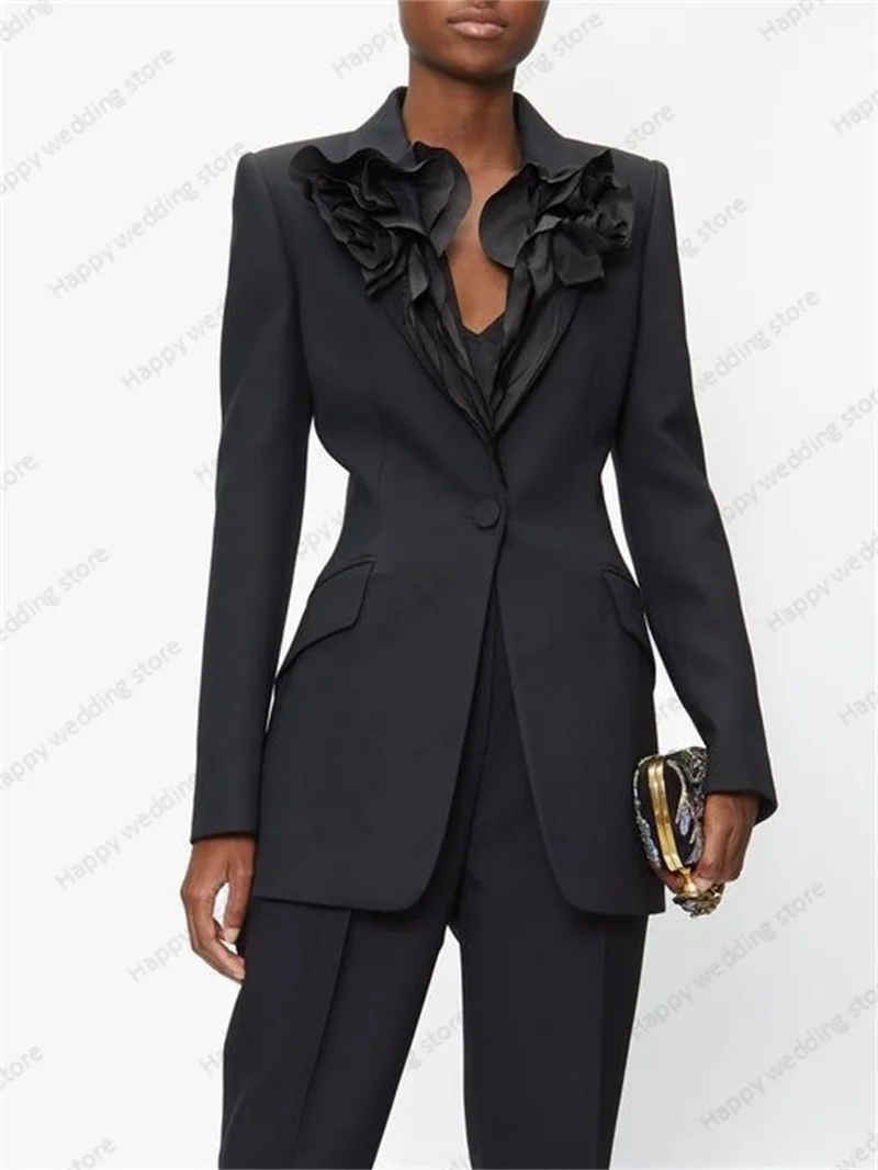 3D Flower Black Women Suit Set 2 Piece Blazer+Pants Formal Office Lady Wedding Tuxedos Jacket Trousers Customize Prom Dress