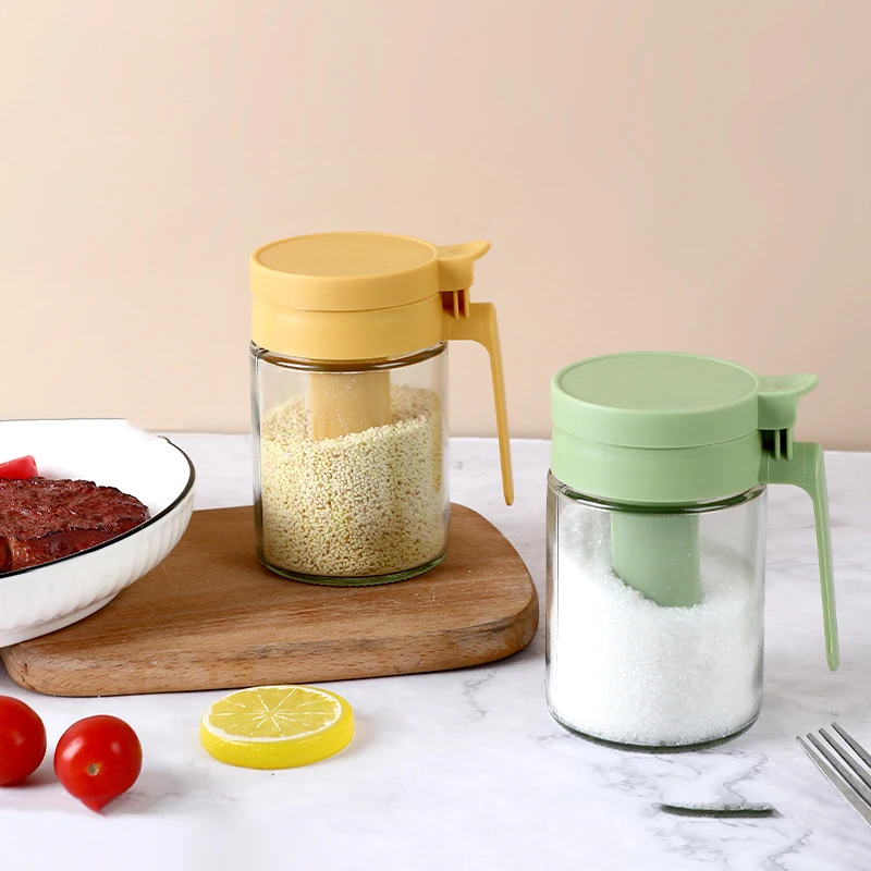Household Kitchen Moisture-Proof Seasoning Jar Salt Container 2 In 1 Glass Spice Bottle Spoon Separation Glass Seasoning Can