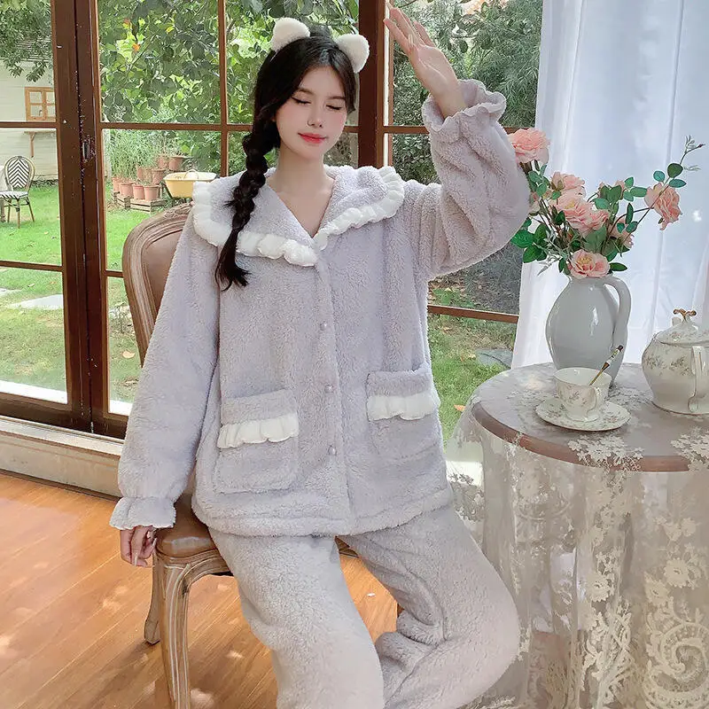 

Autumn Winter Women's Sweet Pajamas Homewear Set Sleepwear Pants Loungewear Girl's Warm Two Pieces Lotus Sleeve Open Button Type