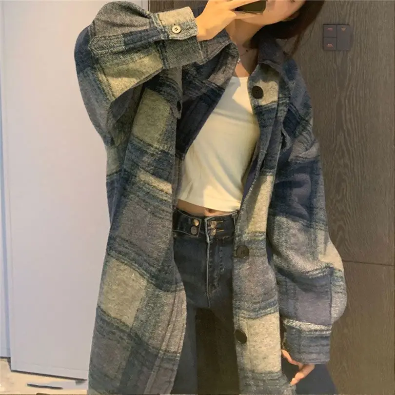 Shirt Style Brushed Plaid Coat Plus Size Autumn And Winter New Korean Version Loose And Lazy Medium Long Plaid Coat For Women
