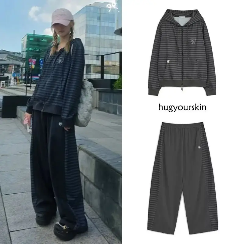 

Комплект из двух предметов: свободный крой, с капюшоном, в полоску, повседневный, удобный, женский, с длинными брюками, дышащий хлопок, весна-осень