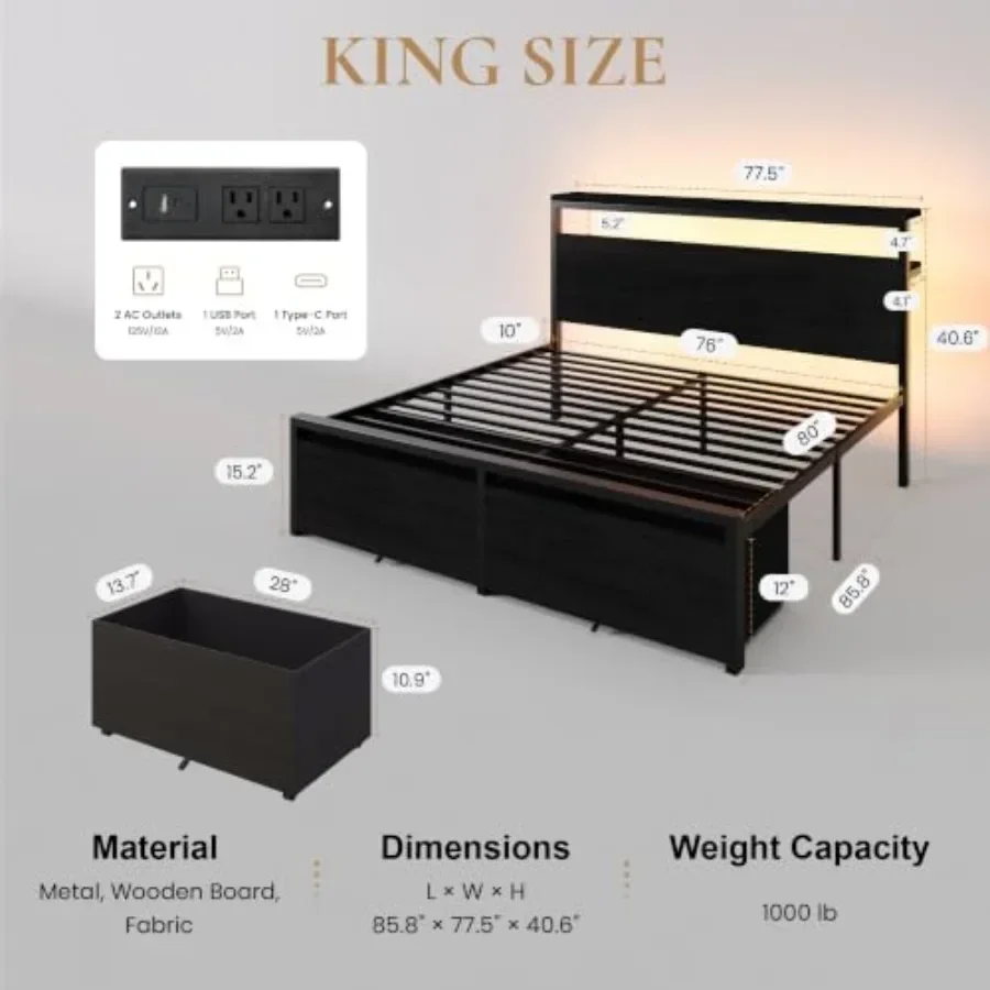 LED Bed Frame for Bedroom Use, Engineered Wood in Black with Integrated Lighting, Dual Storage Drawers, and Built-in USB Chargi
