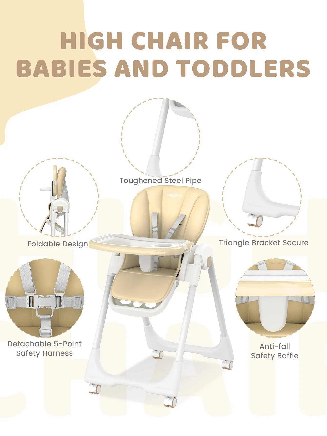SEJOY Baby High Chair Ajustable Backrest And Pedals Design, Sturdy Metal Material, Foldable Multifunctional Baby Dining Chair