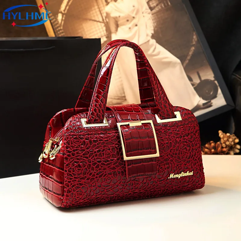 

Cowhide Leather Women Handbags Crocodile Pattern Mom Lace Bag Shoulder Messenger Three-layer Zipper Lady Portable Boston Bags