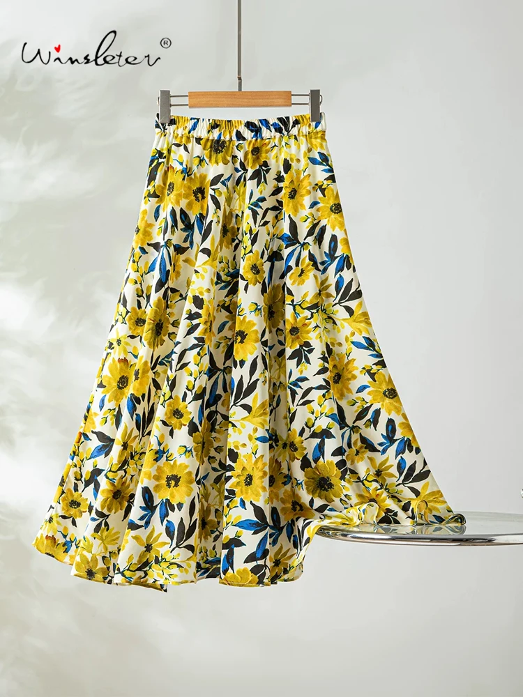 Winsleter-100%Real Silk Double Crepe Elegant Skirts, Elastic Waist Print, Women Prairie Chic Loose Skirt, 2026 Summer B66443CC