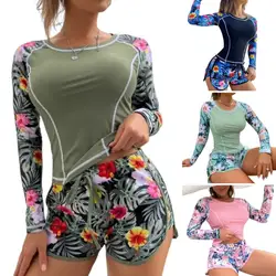 2024 New Tankini Women Swimsuit Tropical Print Bikini Set Long Sleeve Swimwear Summer Shorts Beachwear Female Bathing Suit