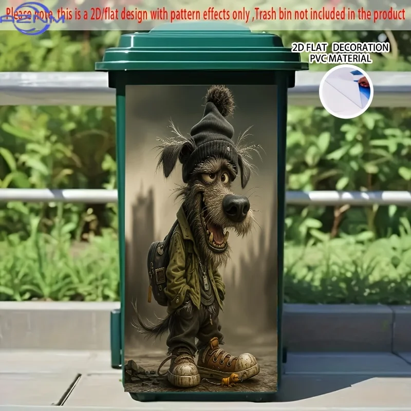 Large Self-Adhesive Dumpster Stickers - Urban Dog Decoration with Beanie & Sneakers, Removable PVC Decorative Bin Labels for W