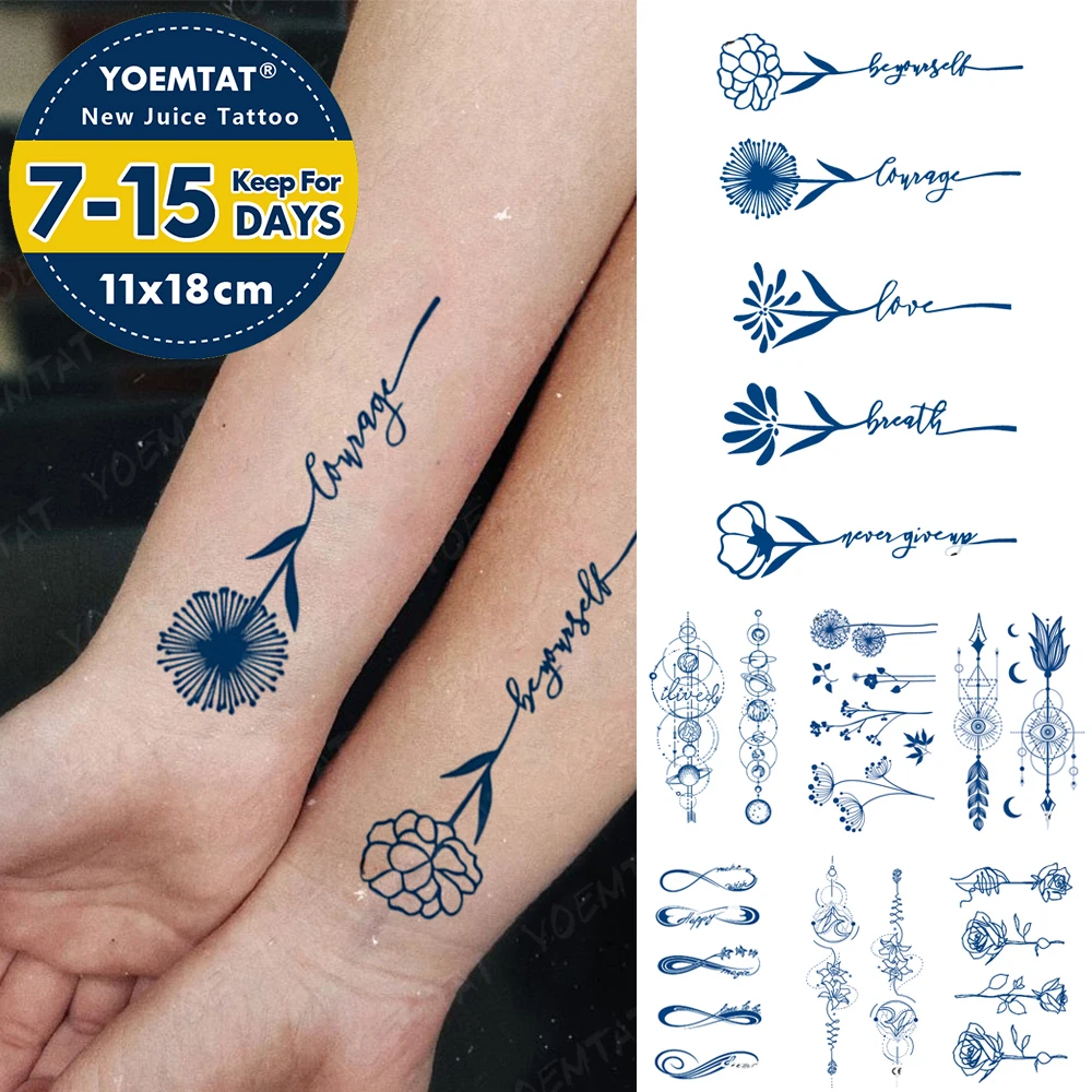 Waterproof Temporary Tattoo Sticker Flower English Arm Juice Lasting Ink Semi-Permanent Body Art Genipin Herbal Fake Tattoos