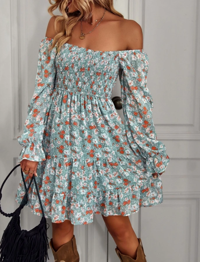 

Women's Dress Fashion 2024 Summer Bohemian Print Pullover Off the Shoulder Ruffles Long Sleeve High Waist A-line Midi Dress