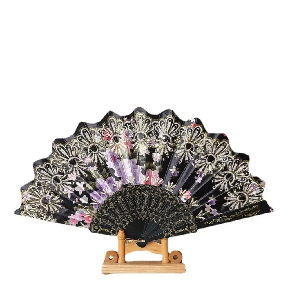 Photo Props Retro Flower Lace Fan Plastic Bronzing Stage Performance Silky Fan Handheld Embroidery Fan Women