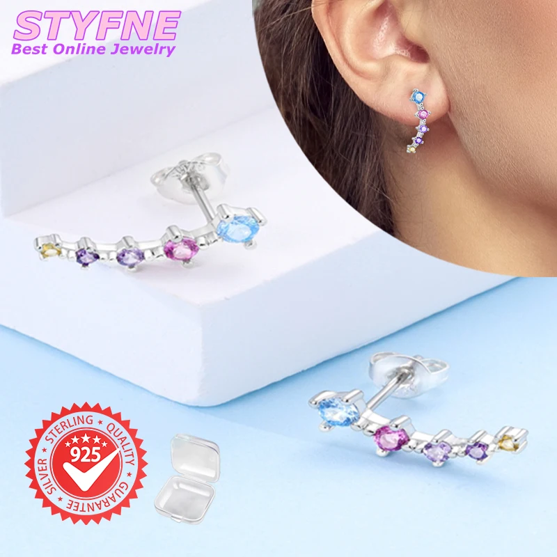 925 Sterling Silver Colored Zircon Arranged Geometric Line Stud Earrings Women Fashion Earrings Jewelry Gifts for Women Girls