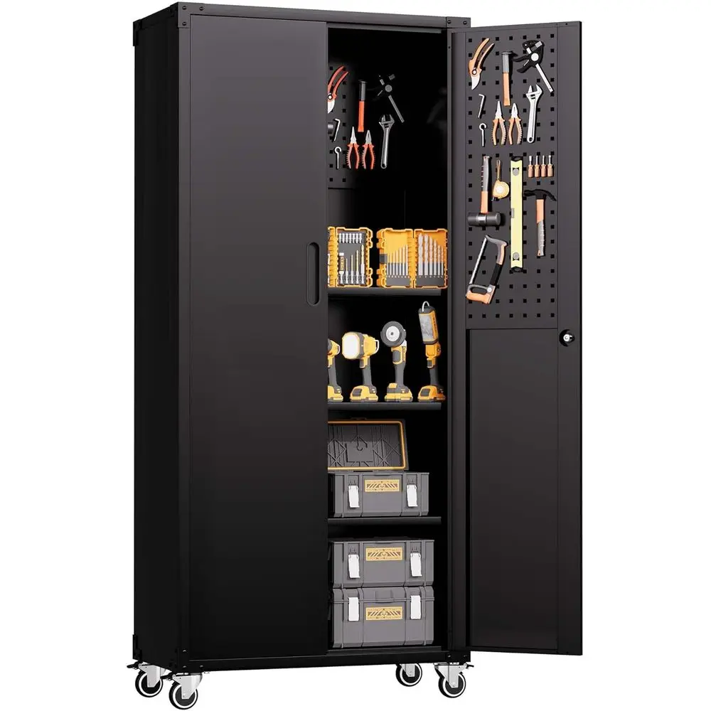 

Металлический шкаф для хранения в гараже высотой 71 дюйм с регулируемыми полками, перфорированной панелью и колесиками для хозяйственных помещений - черный