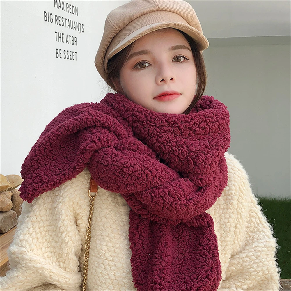 Christmas Red Scarf Korean Plush Lamb Wool Scarf Woman Winter Warm Neck Scarf Girls Cute Solid Fashion Bufanda Invierno Mujer