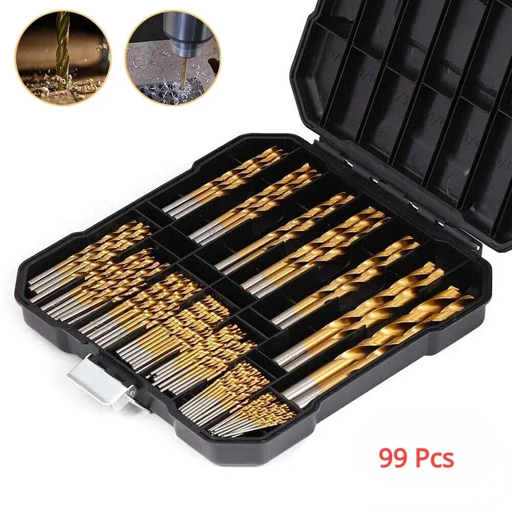 99 Pieces Titanium Twist Drill Bit Set, High Speed Steel, Size from 1/16\