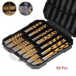 99 Pieces Titanium Twist Drill Bit Set, High Speed Steel, Size from 1/16