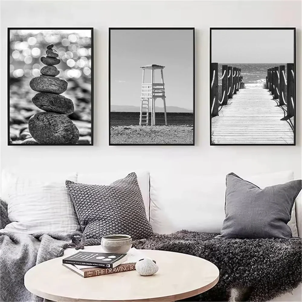 Nordic Black and White Sea Beach Canvas Print Poster Boat Bridge Coconut Tree Lighthouse Wall Art Painting Picture Home Decor