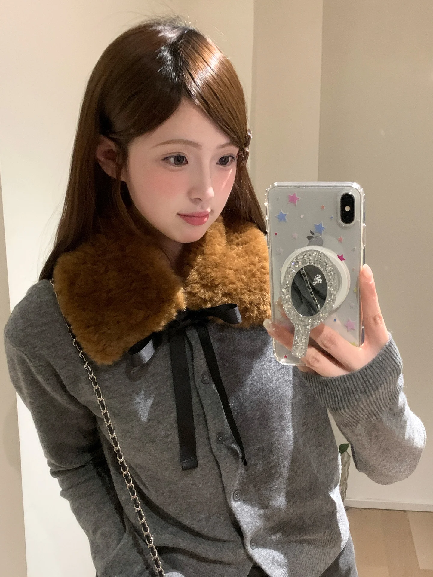 暖かい毛皮の襟付きスカーフ-女性用-トレンド-冬用ネックウォーマー-防寒-プラッシュ-リボン付き-韓国風-無地-長方形スカーフ