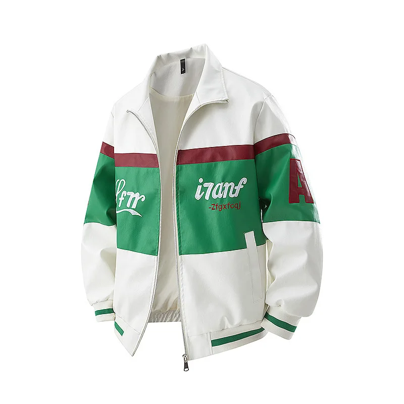 Autumn Man Leather Jacket Motorcycle Punk Contrast Color Male Outerwear High Street Turn Down Collar Long Sleeve Men Coat