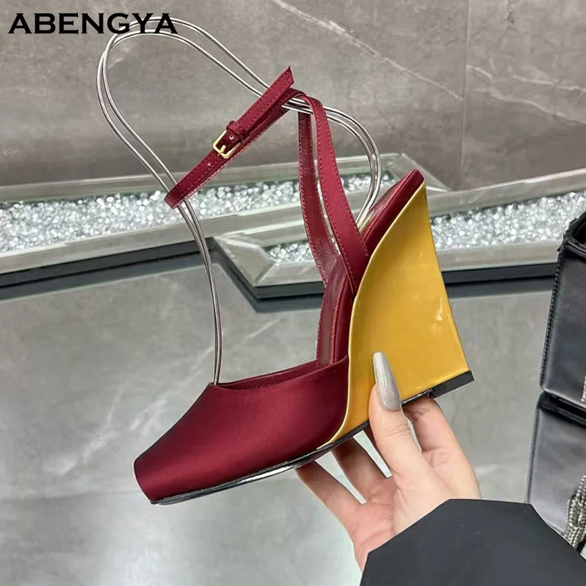 

Summer New Leather Wedges High Heel Sandals Women Shoes Ankle Strap Sexy Heel Dress Shoes Designer Party Banquet Shoes For Women