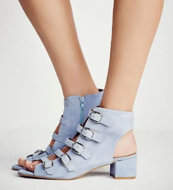 

Summer Hot Light Blue Denim Color Suede Leather Women Open Toe Sandals boots Buckles Ladies Slingback Med Heels ankle boot