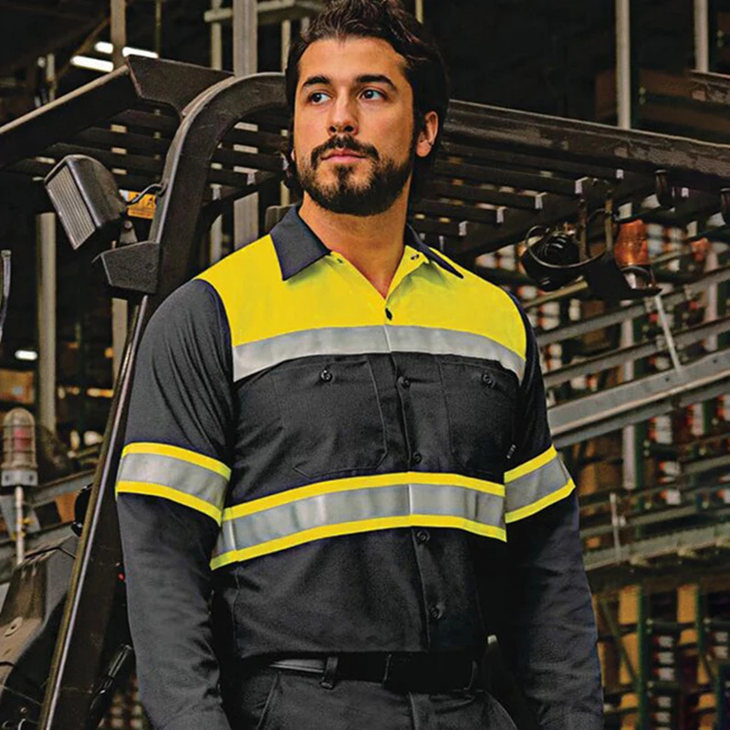 (Size S-4XL)100% Cotton Safety Shirt Workwear with Reflective Tape Long Sleeve Working Shirt Summer Construction Shirt