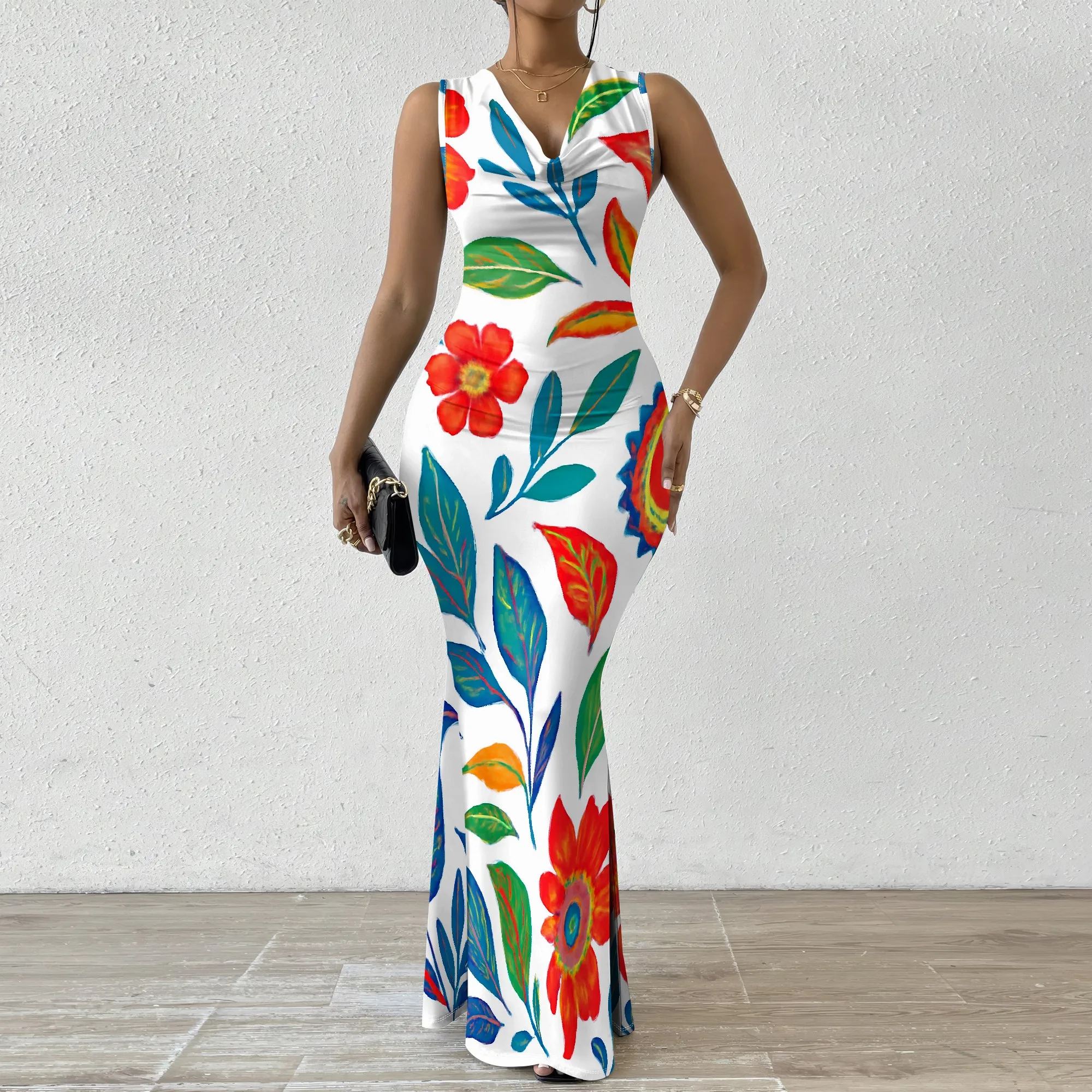 

Boho Floral Print Maxi Dress for Women XS-2XL Colorful Garden Style Sleeveless V-Neck Bodycon Dress for Summer Events