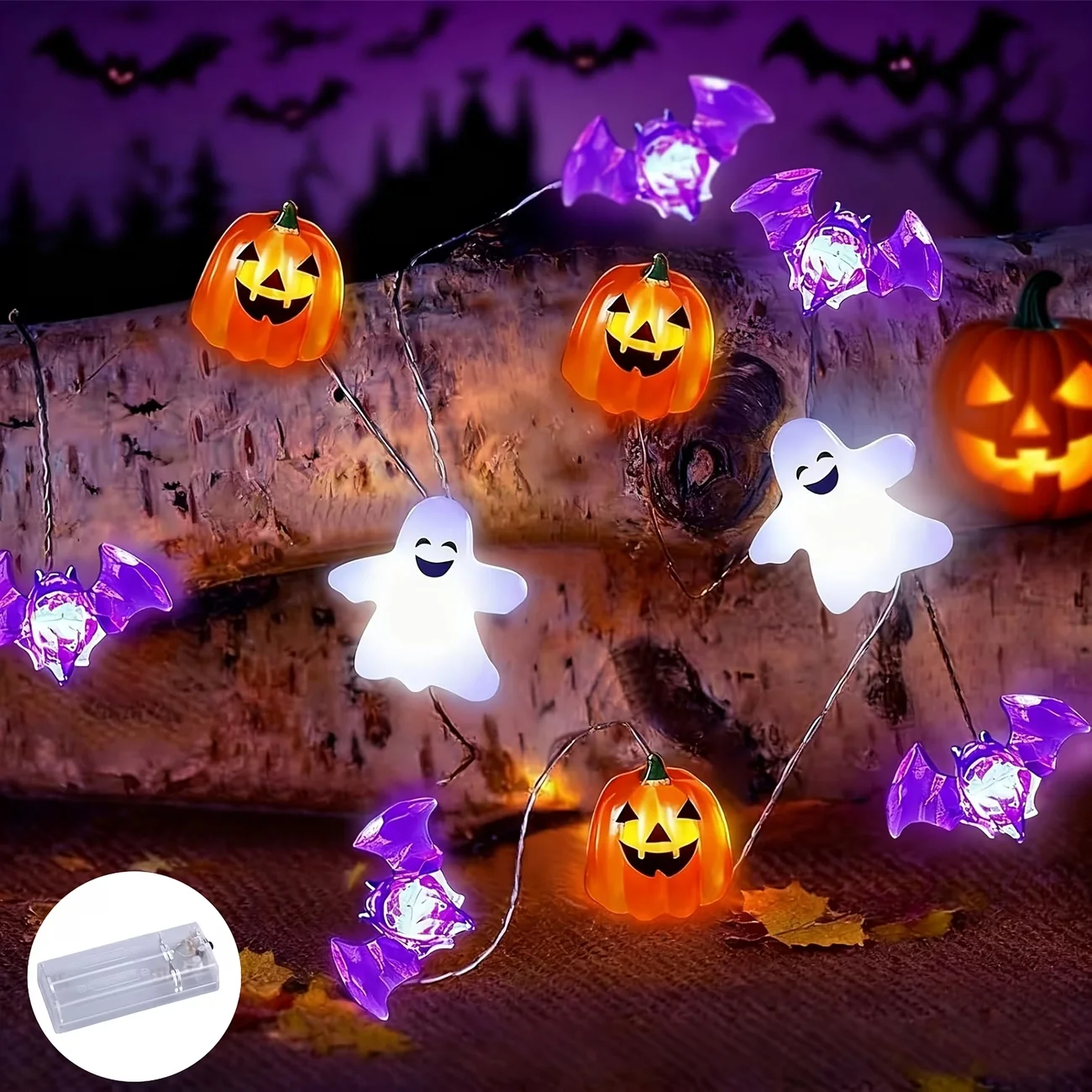 1pc Halloween Themed Fairy Lights Warm White/White 20/30LED Ghost Bat Pumpkin Shaped String Lights For Home Haunted House Decor