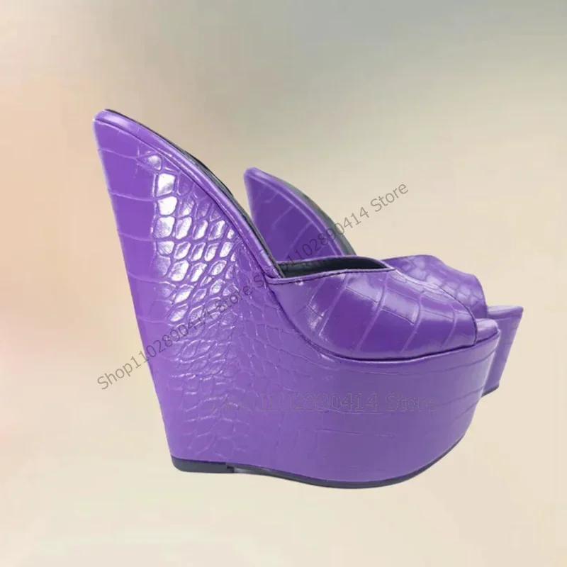 Purple Alligator Print Peep Toe Wedges Heels Platform Slippers Slip On Women Shoes Novel Fashion Party 2023 Zapatos Para Mujere