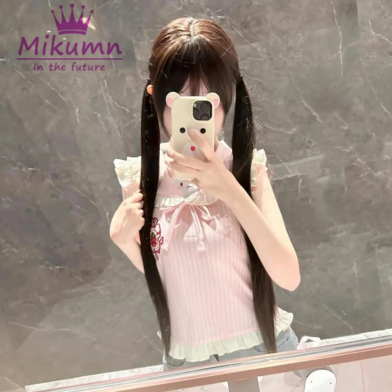 MikAutumn-تي شيرت نسائي ياباني لوليتا قطة مطبوع عليها رسوم كرتونية ، كاواي ، نمط Preppy ، قمم صيفية Y2K ، قوس هاراجاكو ، كشكشة ، تيشيرتات لطيفة #5
