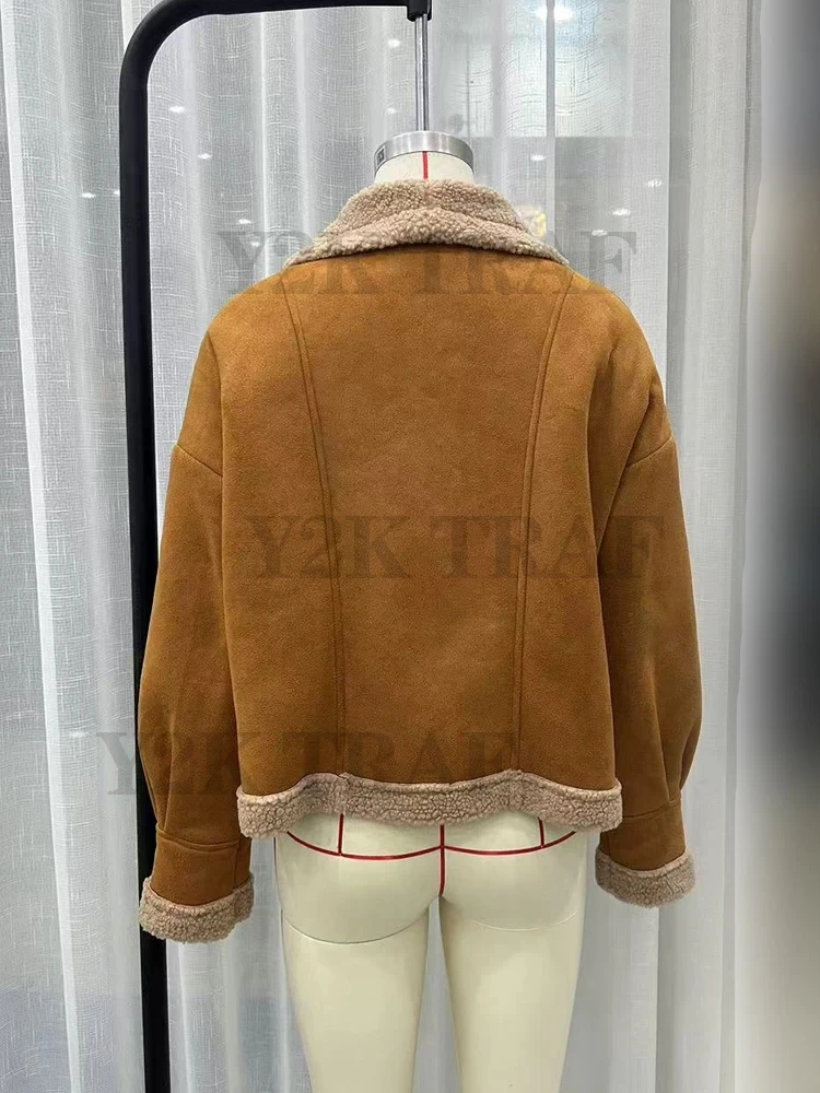 女性の秋冬ヴィンテージコートラペル長袖ルーズフェイクレザージャケット 2025 暖かいポケットストリートウェア女性新しいアウター