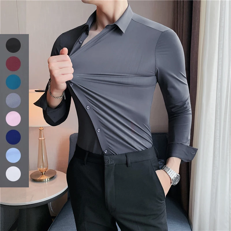 

Seamless Anti-wrinkle Business Silky High Elastic Spandex Men's Long-sleeved Shirt Formal Social Non-iron Solid Color Casual