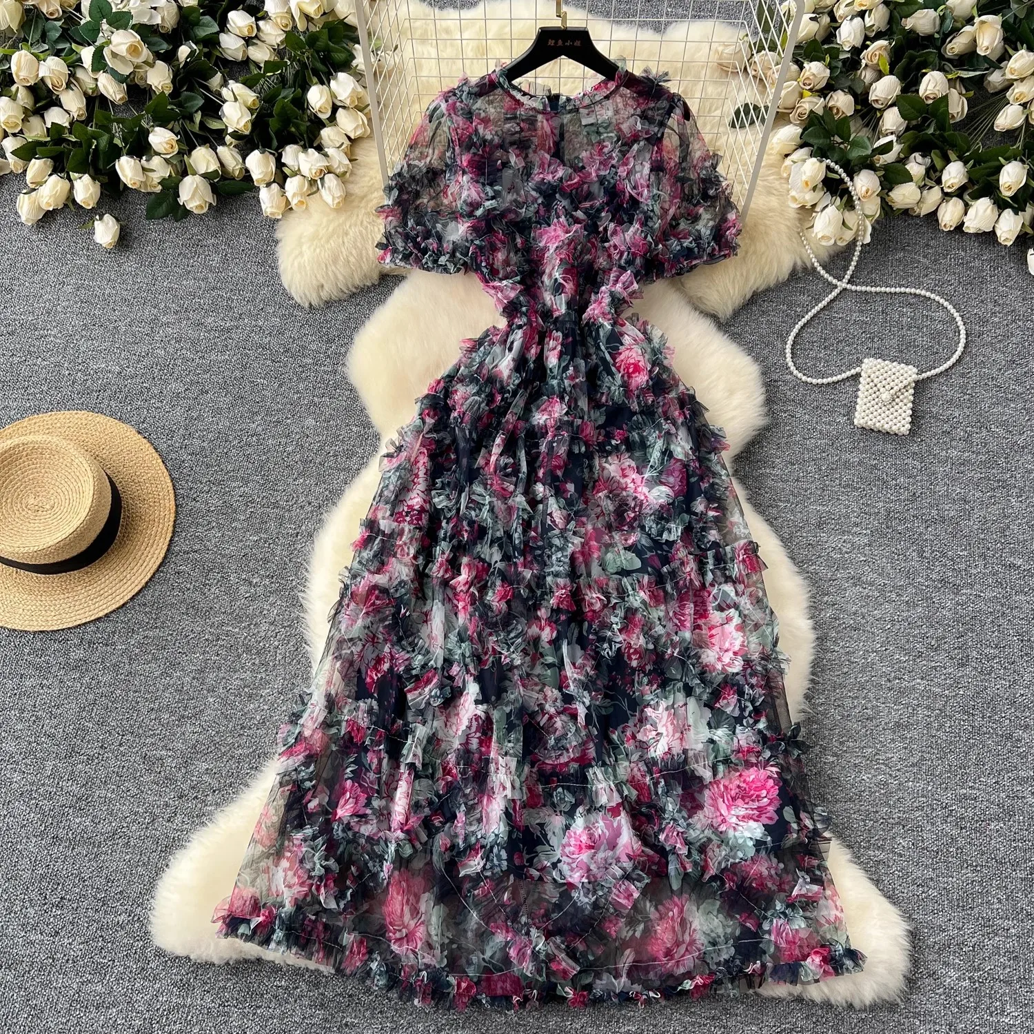 

Summer Cascading Ruffles Mesh Flower Printed Holiday Ball Gown Dresses For Women O-Neck Short Sleeve Prom Party Long Dress Robe