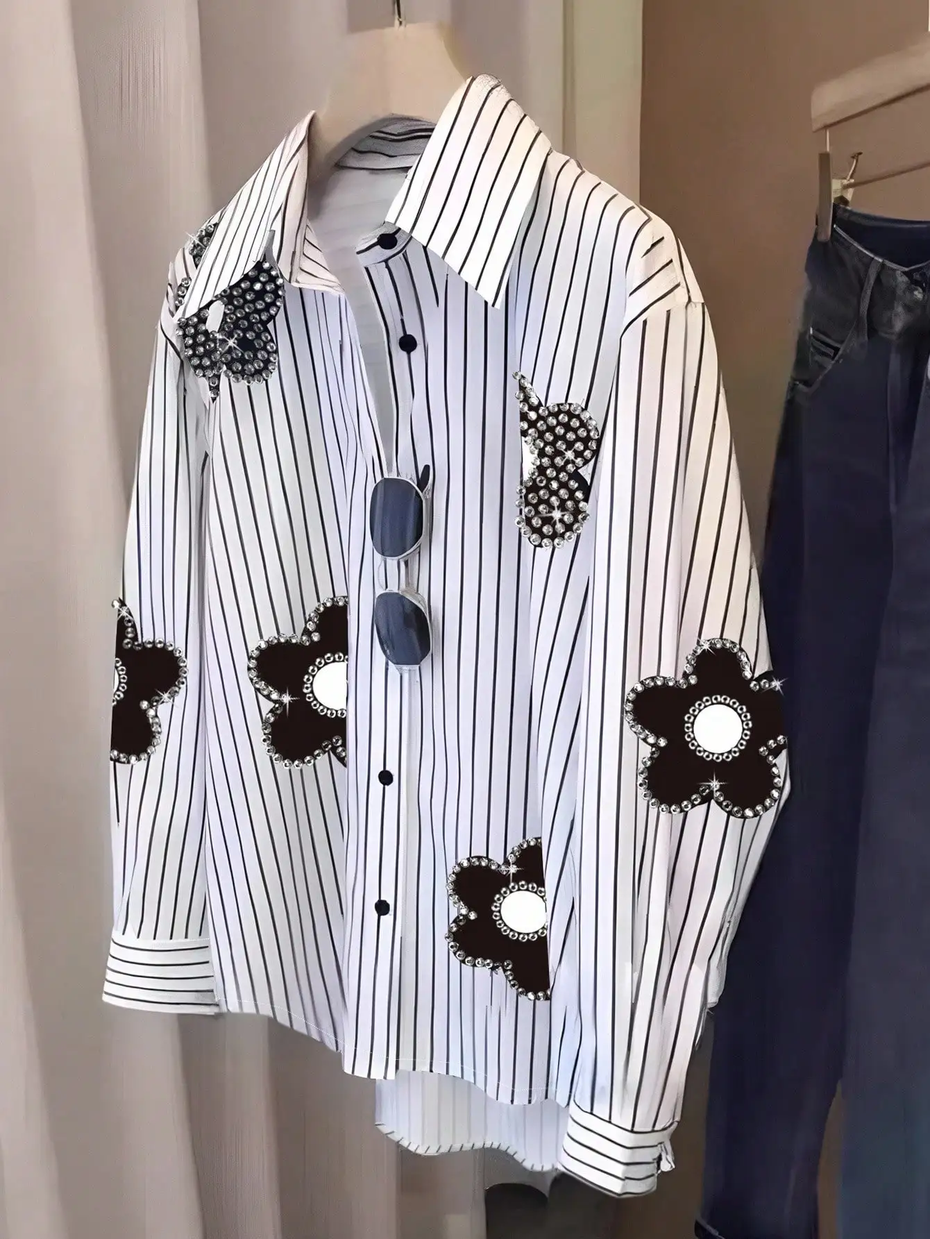 

Women's Striped Long Sleeve Shirt with Rhinestone Flower Embellishments, Spring Autumn Casual Top