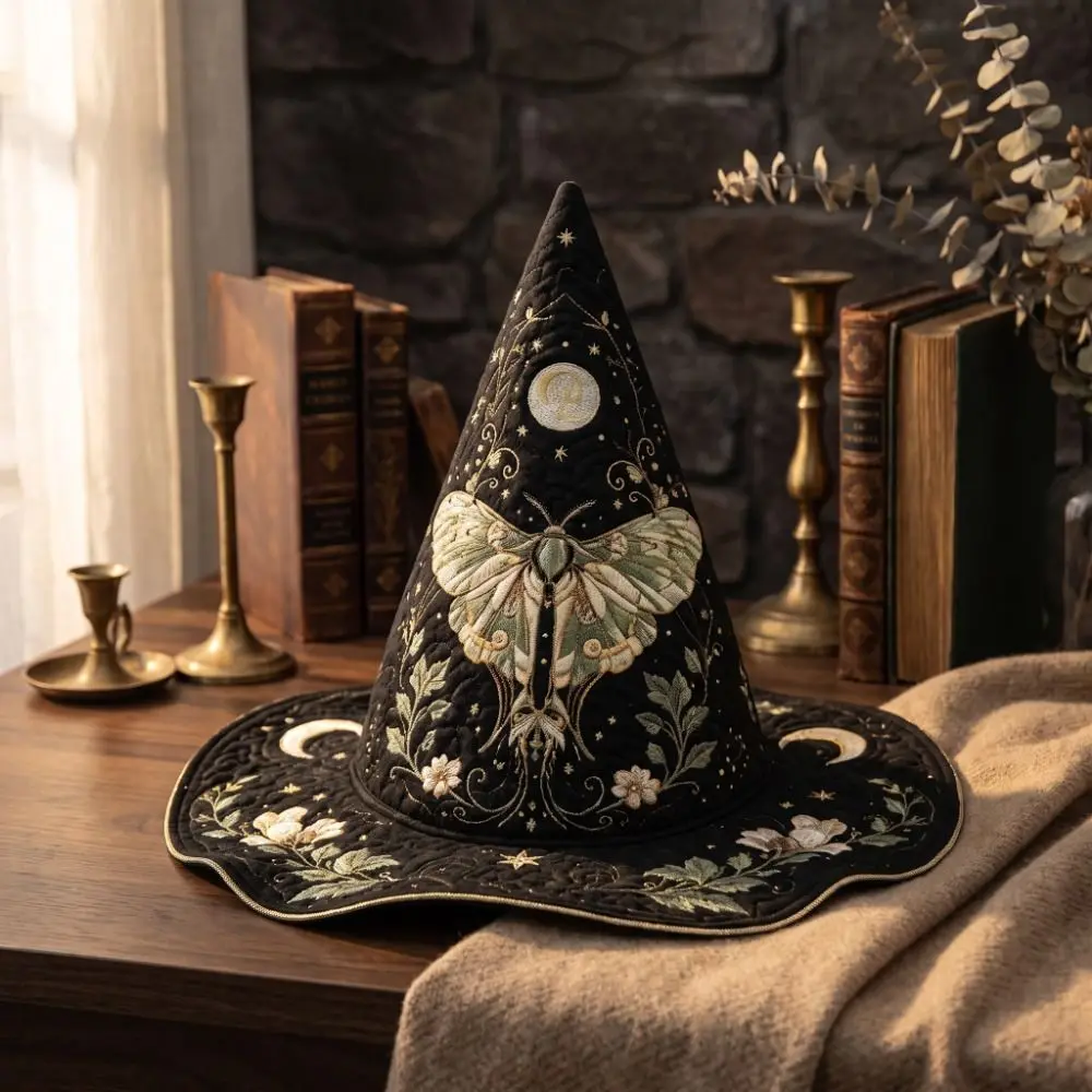 Wide Brim Halloween Witch Hat Vintage Quilting Process Pointed Wizard Hat Butterfly Cosplay Party Hat For Women