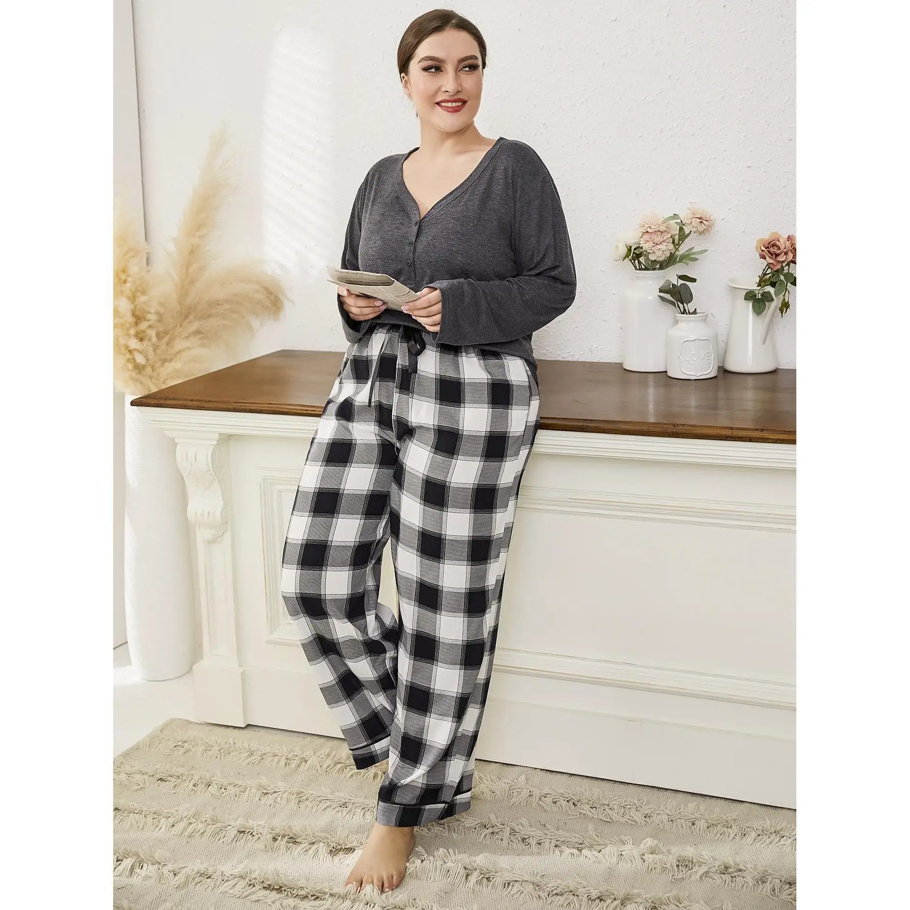 

Plus Size Pajama Sets Plaid Women Mujer Conjuntos Pijamas Conjunto Pyjama Pijama Femme Ensembles Feminino Sleepwear Pyjamas