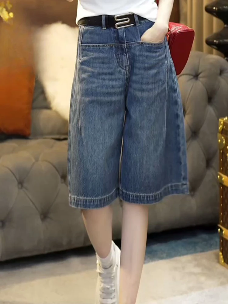 

High Waist A-Line Wide Leg Jeans Slimming Blue Lightweight Five-Quarter Length Casual Style Women's Summer Fashion Shorts