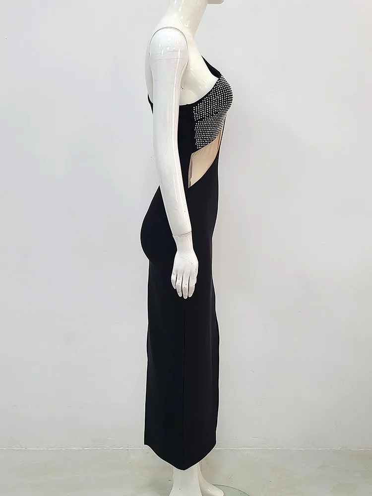 Femmes brillant strass une épaule maille transparente voir à travers longue robe Maxi noire de luxe soirée robes d'invité de mariage