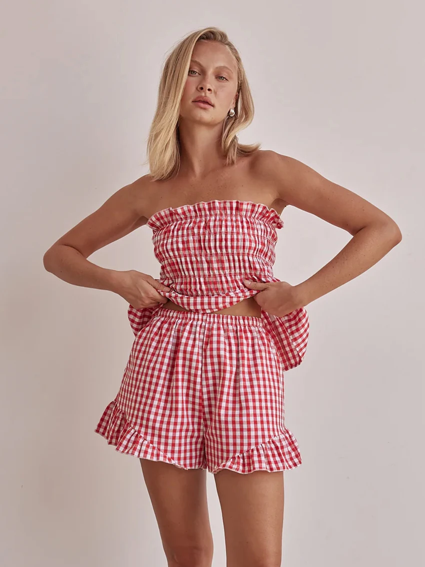 Marthaqiqi Plaid Female Pajama Suit Tank Tops Sleepwear Backless Nightgown Sleeveless Nightwear Shorts casual Home Clothes women