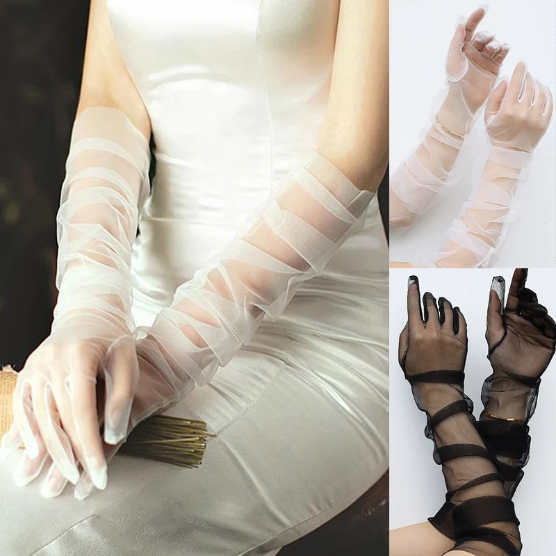 Women Sexy Lace Gloves White Black Mesh Tulle Gloves Lady Summer Sunscreen Mittens Lady Driving Gloves Thin Elbow Long Glove