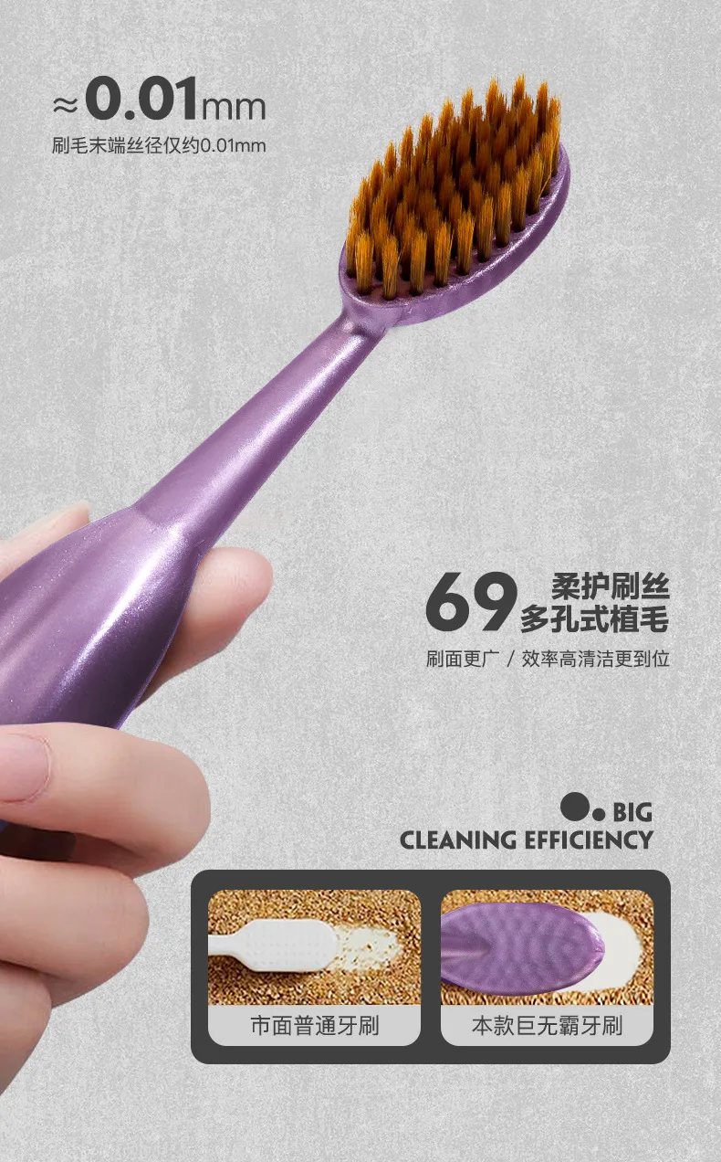 Large brush head for efficient cleaning. Wide head toothbrush with standing handle for adults.
