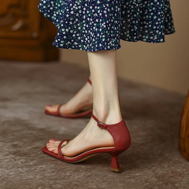 Square Toe One-line Open-toe Sandals for Women's Summer in 2026, Versatile Slim Heel Anti-slip High-heeled Sandals image 2