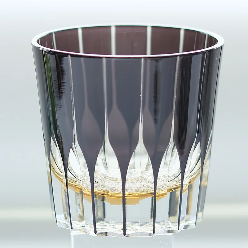 Handmade Edo Kiriko Style Whiskey Old Fashioned Glass Tumbler Dark Purple With Gift Box