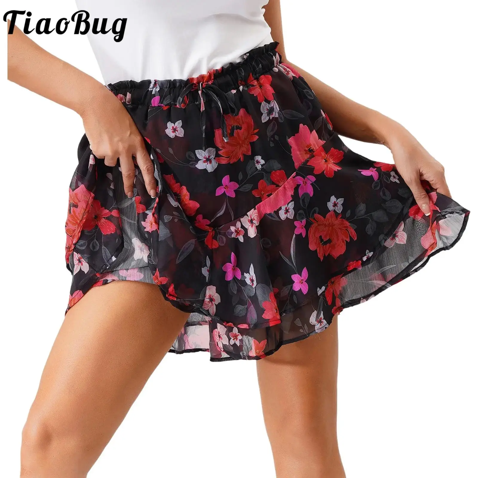 

Women Bohemian Floral Print Miniskirt Elastic Waistband Tiered Ruffled Hem Flared Skirt Culottes for Vacation Beach Tennis