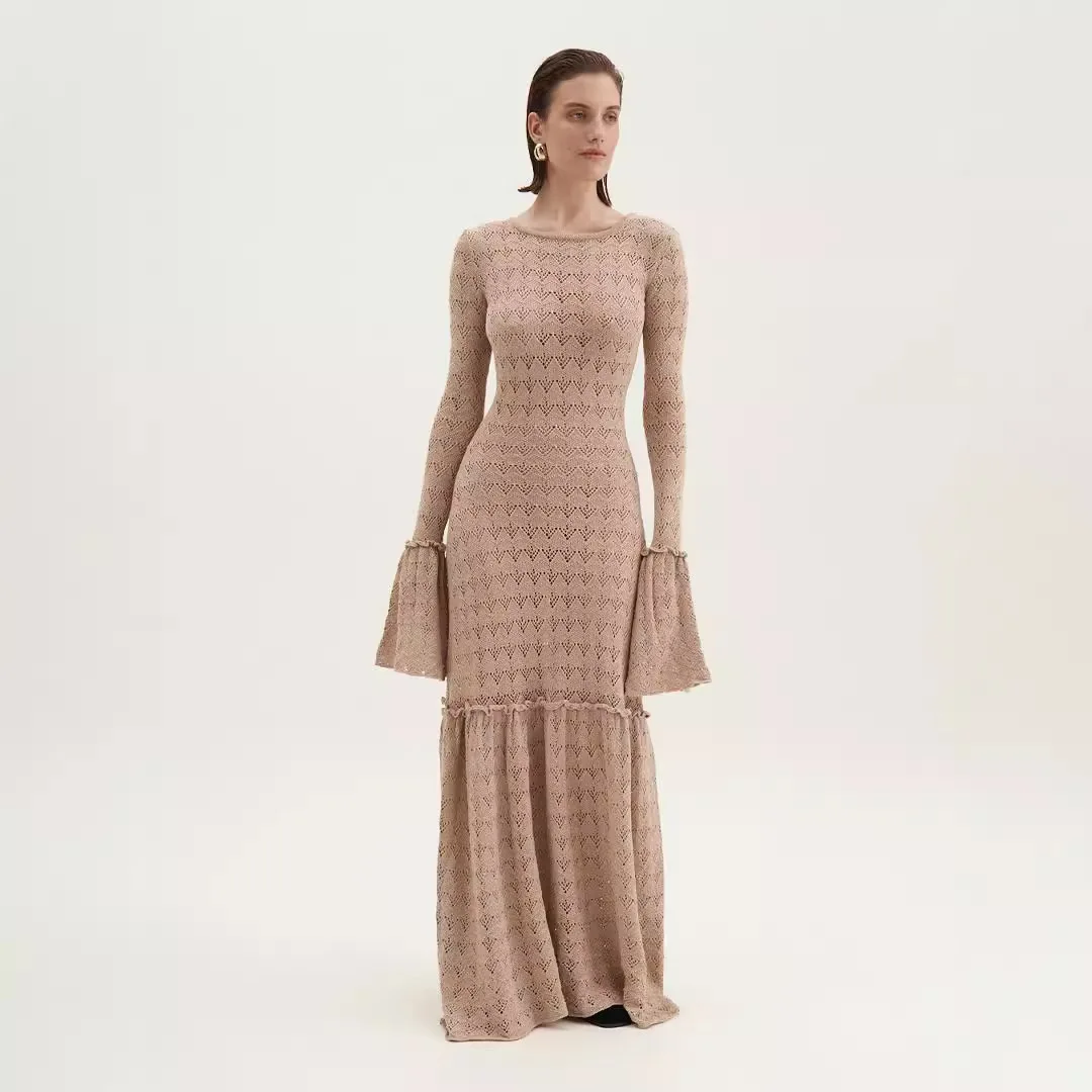 

Long Dress Sexy Hollow Out Patchwork Ruffle Sheer Russian Knitted Dress Kpop Sexys 2025 Summer Dress Robe Vestido Women Elegant