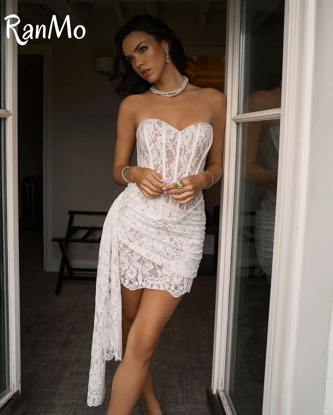 Ranmo 섹시한 연인 목걸이 짧은/미니 칼집 웨딩 드레스 블랙리스 긴 Rubbin 맞춤형 미니 정장 이브닝 드레스
