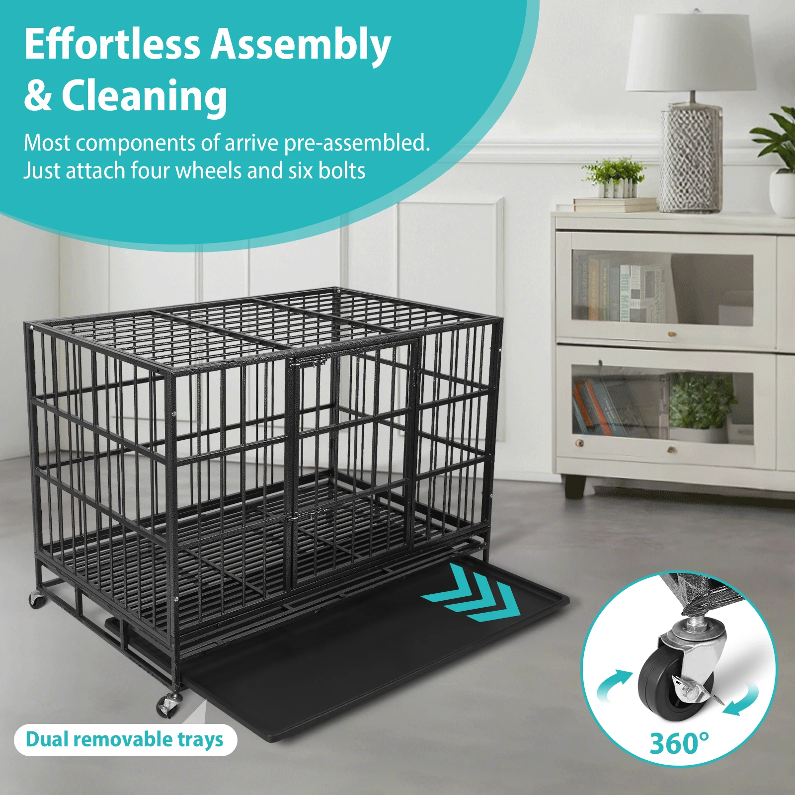 

48inch Heavy Duty Dog Crate with 2 Removable Tray Metal Wire Kennel with Four Wheels Escape Proof for Large & Medium Breeds